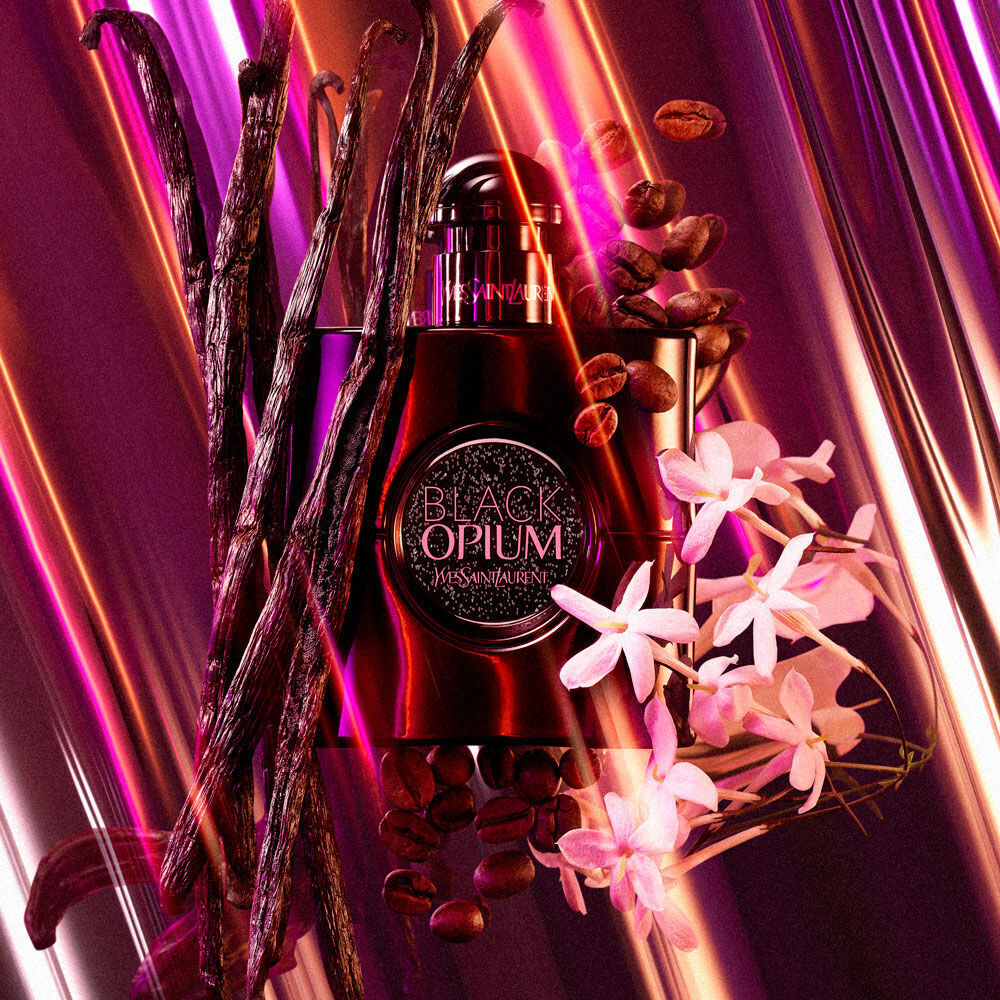 An artistic arrangement featuring the bottle of Black Opium perfume by Yves Saint Laurent, surrounded by coffee beans, vanilla pods, and jasmine flowers, set against a vibrant, abstract background with purple and pink hues.