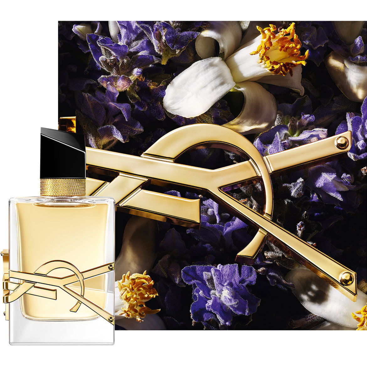 Flacone di Libre Eau de Parfum impreziosito da una catena dorata e fiori viola su fondo scuro.