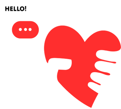 Icona cuore rosso stretta da una mano scura con fumetti "HELLO!" e "...".