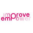 Logo rosa "improve empower" con linee geometriche astratte che attraversano le lettere, in un cerchio bianco.
