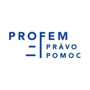 Logo "PROFEM PRAVO POMOC" in lettere blu stilizzate con una linea verticale e due orizzontali, in un cerchio bianco.