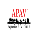 Logo "APAV Associacao Portuguesa de Apoio a Vitima" con sagome di persone sotto, in un cerchio bianco.
