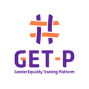 Logo "#GET-P Gender Equality Training Platform" con un hashtag stilizzato viola e arancione sopra il testo, in un cerchio bianco.