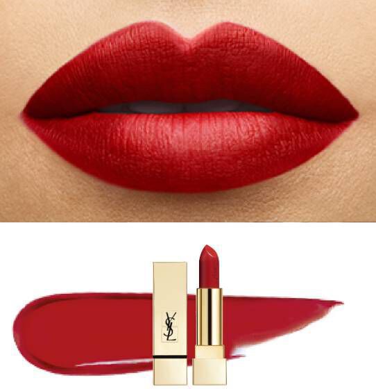 Close-up of a pair of lips coated in deep red lipstick, with a smear of the lipstick and the product packaging displayed beside it.