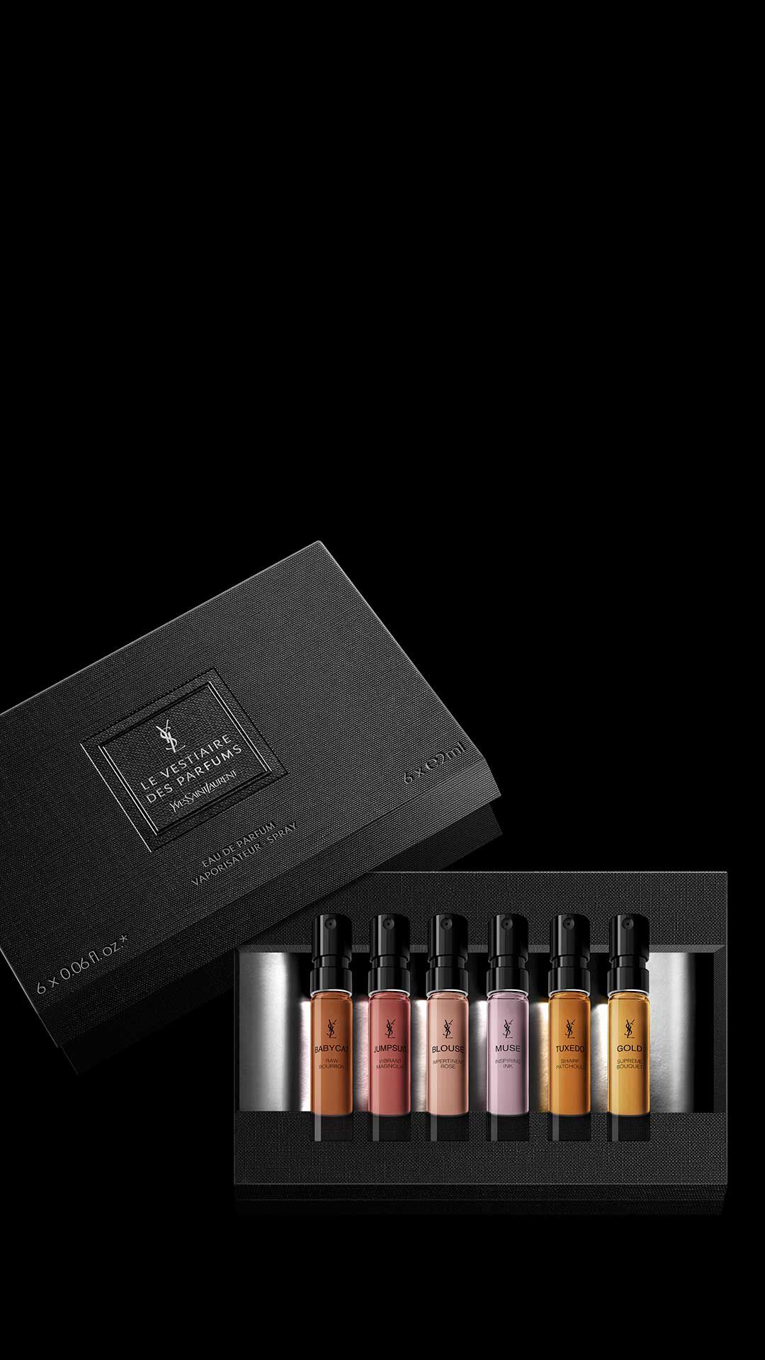 Set scoperta Yves Saint Laurent Le Vestiaire des Parfums con sei miniature da 2 ml in una confezione nera testurizzata.