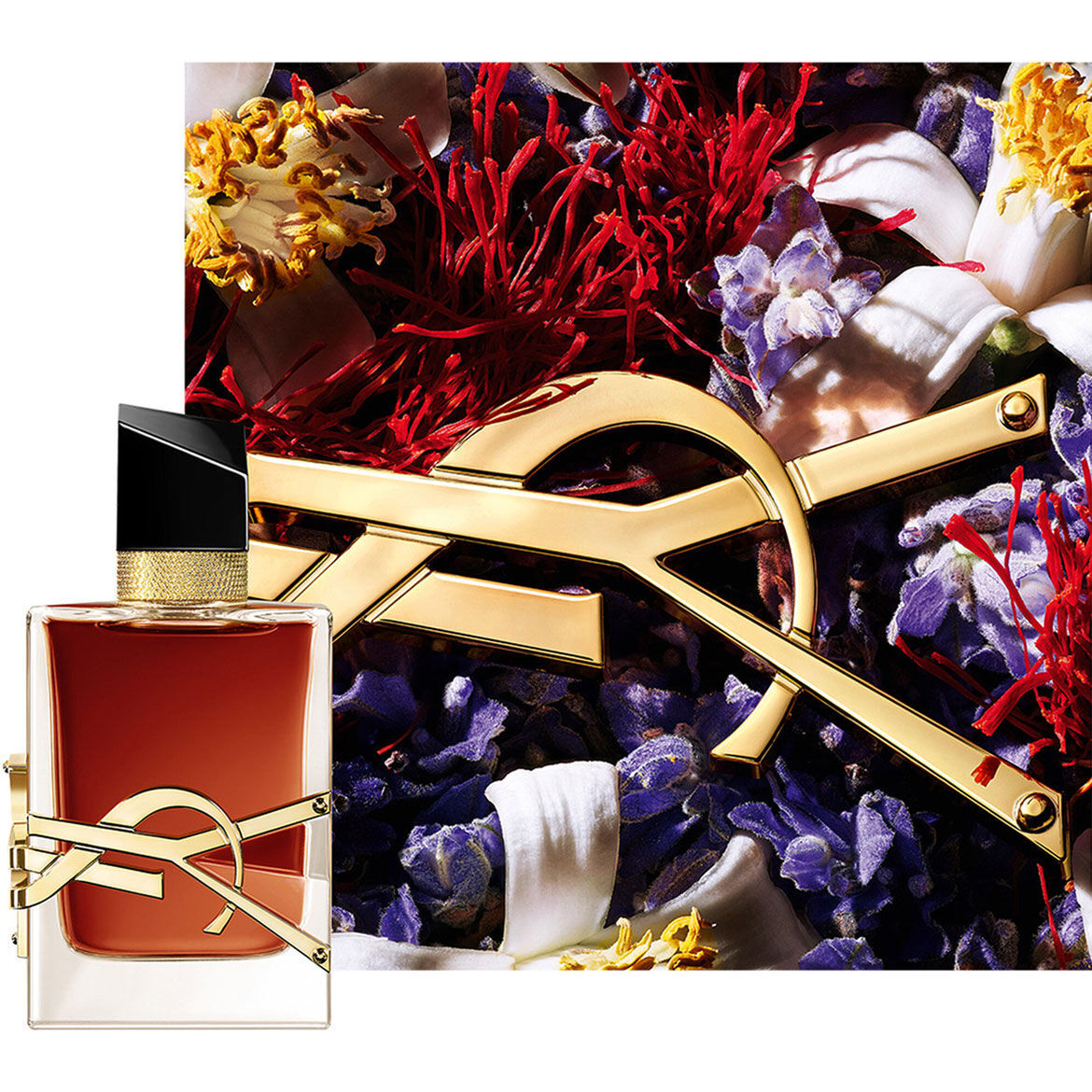 Flacone LIBRE LE PARFUM impreziosito da elementi floreali rossi e dal logo YSL dorato.