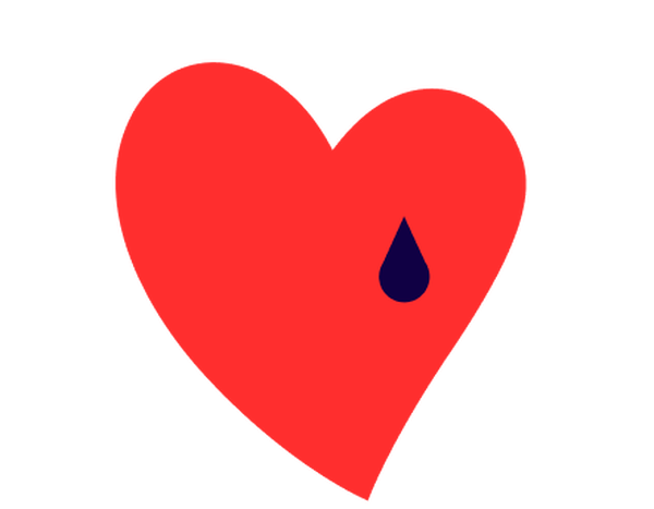 Icona cuore rosso con una lacrima blu scuro su sfondo bianco.