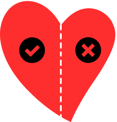 Cuore rosso diviso da una linea tratteggiata con icone di spunta e croce.
