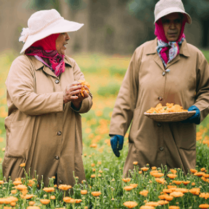 Three women in hats and long coats are working in a field of vibrant orange flowers. One woman is gathering flowers in her hands, while another holds a basket, and the third is picking flowers.