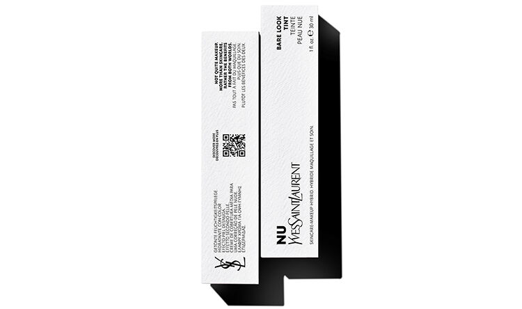 Alt text: A white packaging box for a Yves Saint Laurent product, featuring branding and product details in a sleek design.
