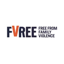 Logo "FVREE FREE FROM FAMILY VIOLENCE" con "V" in arancione, il resto in viola scuro, in un cerchio bianco.