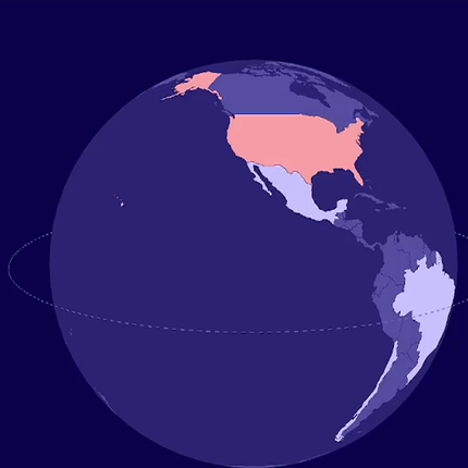 Una mappa stilizzata del mondo con il Nord America colorato di rosa brillante, il resto dei continenti in tonalita di viola su uno sfondo blu scuro.