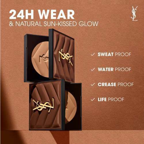 A promotional image featuring a luxurious compact makeup product with the YSL logo, highlighting features such as 24-hour wear, sweat-proof, water-proof, crease-proof, and life-proof qualities for a natural sun-kissed glow.