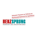 Logo "HERZSPRUNG FREUNDSCHAFT, LIEBE, SEXUALITAT OHNE GEWALT" con testo rosso e turchese, e "Programma Nazionale per il Rafforzamento delle Competenze Relazionali nei Giovani".