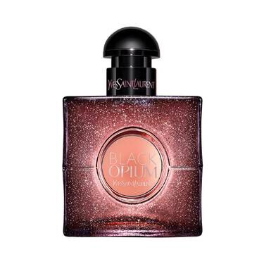 A pink and black bottle of Yves Saint Laurent's Black Opium perfume, featuring a sparkly design and a round center label.