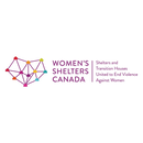 Logo "WOMEN'S SHELTERS CANADA" con un cuore formato da case colorate interconnesse e lo slogan "United to End Violence Against Women", in un cerchio bianco.