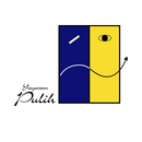 Logo "Yayasan Pulih" con una scatola bicolore (blu e giallo) che mostra simboli emotivi astratti, e il nome in corsivo, in un cerchio bianco.