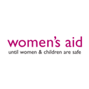 Logo "women's aid until women & children are safe" in lettere magenta e grigie, in un cerchio bianco.