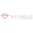  Logo "W.I.N. HELLAS" con un simbolo dell'infinito rosa chiaro e un cuore, in un cerchio bianco.