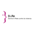  Logo "D.i.Re Donne in Rete contro la violenza" con un punto e una parentesi graffa stilizzata di colore rosa-violaceo, in un cerchio bianco.