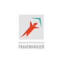 Logo "Autonome Osterreichische FRAUENHAUSER" con un motivo astratto di una persona rossa stilizzata e una forma blu sullo sfondo, in un cerchio bianco.