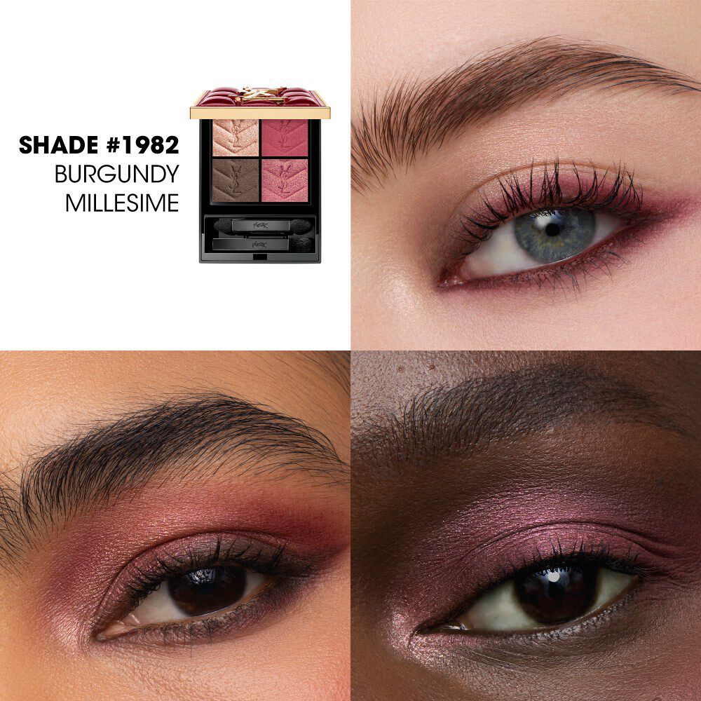 Dettagli di trucco occhi che mostrano l'ombra #1982 Burgundy Millesime su diverse tonalita di pelle.