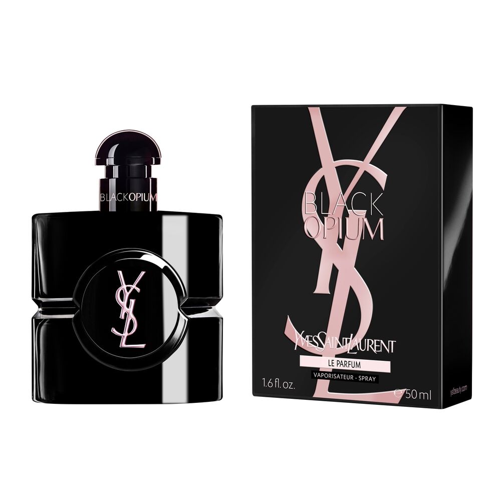 Flacone Black Opium Le Parfum accanto alla sua scatola nera, impreziosita dalla Cassandre YSL rosa.
