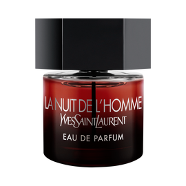 The Bottle front-facing shot of the La Nuit de l’Homme Eau de Parfum bottle, featuring a deep red-to-black gradient glass and a signature matte black hexagonal cap.