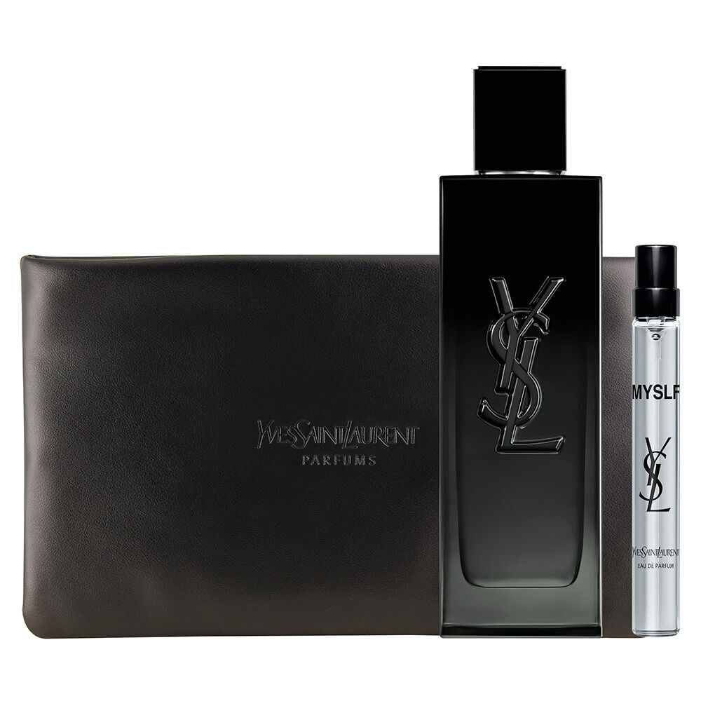 MYSLF Eau de Parfum Set Festivo con flacone di fragranza, formato viaggio e pochette couture in una scatola YSL.