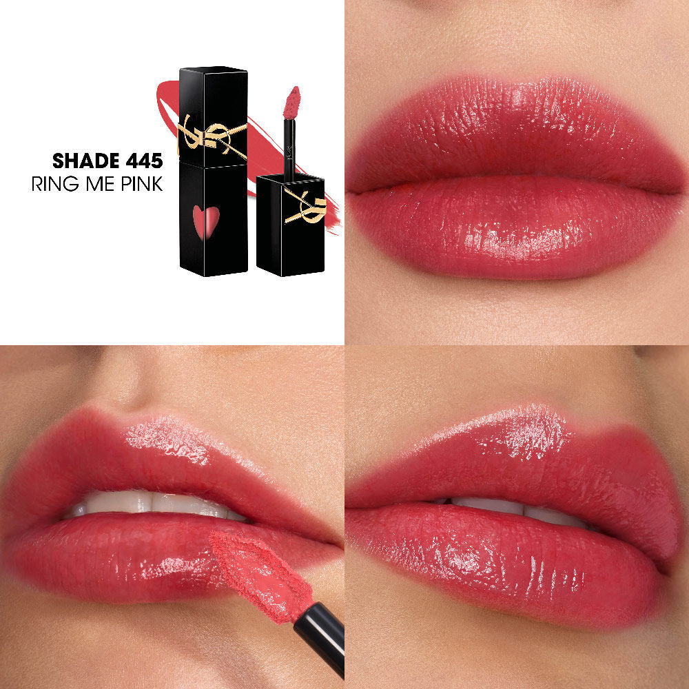 Collage che mostra il flacone dello smalto labbra YSL e il campione di texture (in alto a sinistra) accanto a tre primi piani di labbra con lo smalto su diverse tonalita di pelle, incluso uno mentre viene applicato con il pennello.