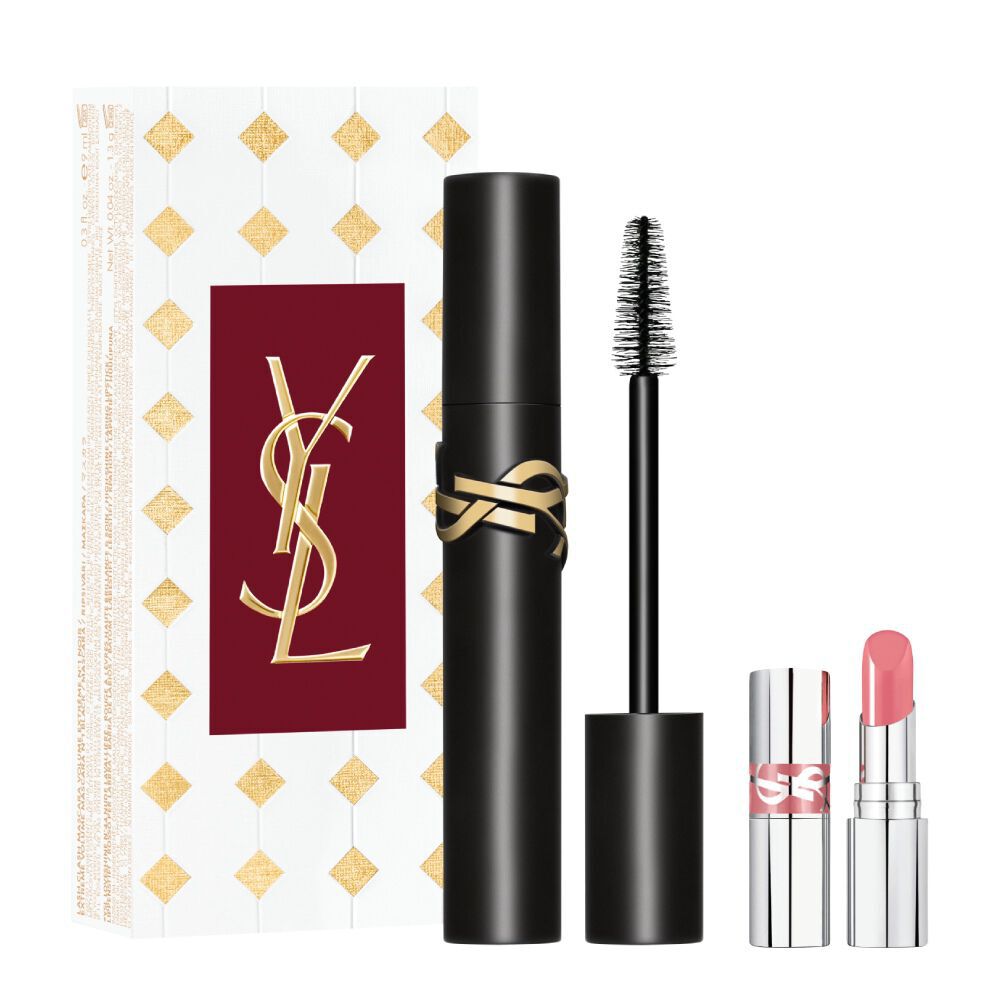 Set regalo YSL Lash Clash: mascara nero, rossetto mini rosa e confezione Holiday.