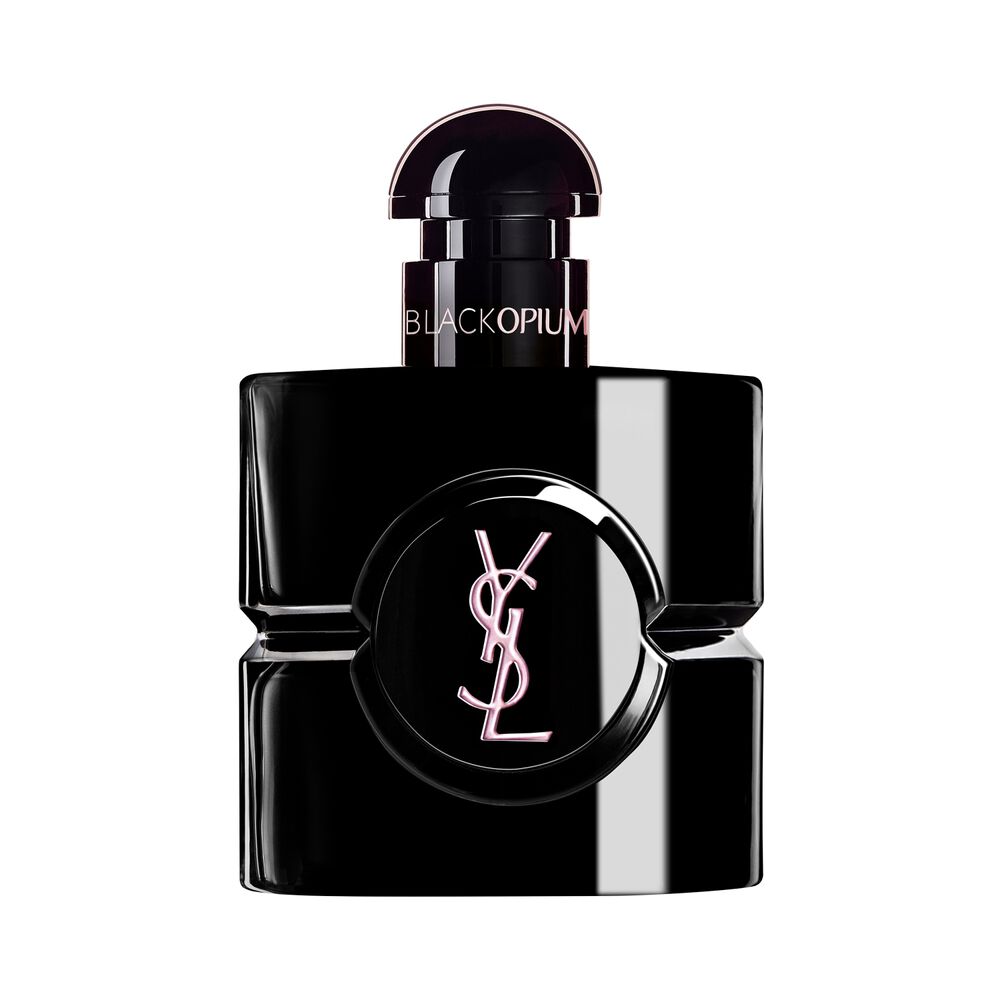 Flacone Black Opium Le Parfum in lacca nera lucida, con cuore nero e logo YSL.