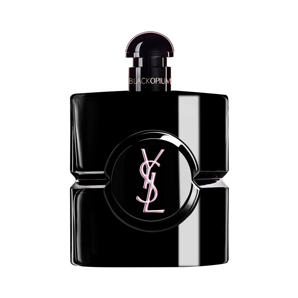 Flacone Black Opium Le Parfum in lacca nera lucida, con cuore nero e logo YSL.