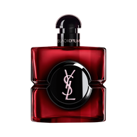 Flacone Black Opium Over Red in lacca rosso intenso, con cuore nero e logo YSL.