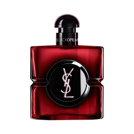 Flacone Black Opium Over Red in lacca rosso intenso, con cuore nero e logo YSL.