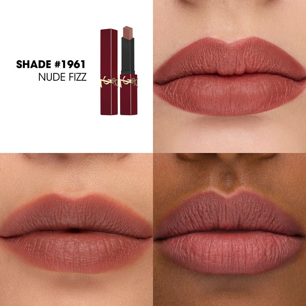 Primi piani di YSL The Slim Collector nella tonalita #1961 Nude Fizz su tre diverse carnagioni labiali.