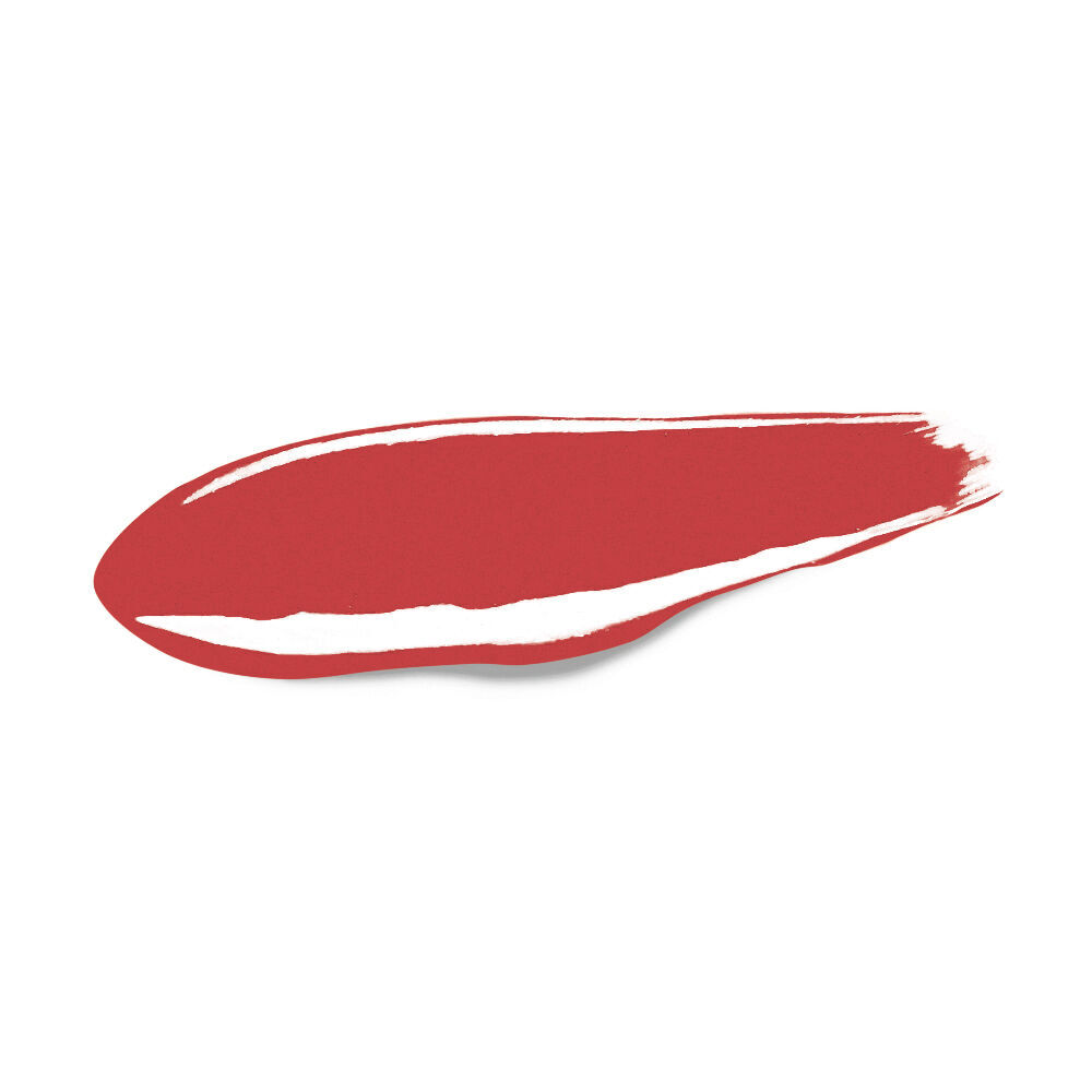 Una striscia orizzontale, netta, di rossetto liquido YSL ad alto impatto lucido, texture vinilica, su fondo bianco assoluto.