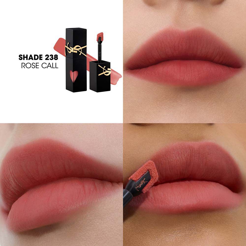 Collage che mostra il flacone dello smalto labbra YSL e un campione di texture (in alto a sinistra), affiancato da tre primi piani di labbra con il prodotto su diverse tonalita di pelle, incluso uno mentre viene applicato con il pennello.
