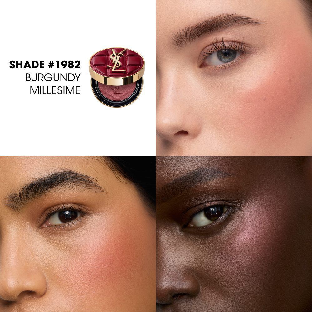 Duo make-up YSL per le feste su tratti di texture borgogna con palette e gloss.