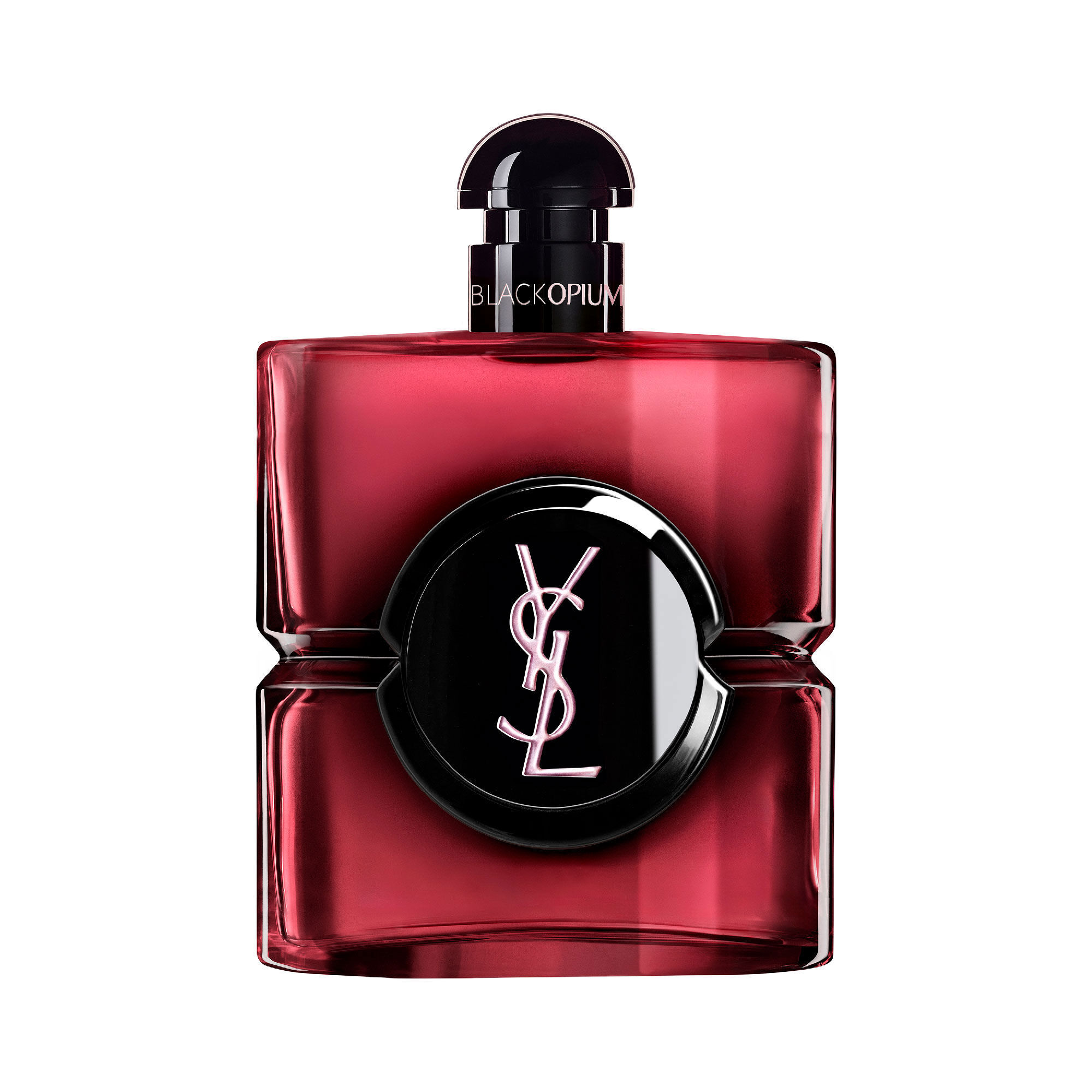 Flacone di Black Opium Eau de Parfum Pink Glaze in lacca rosa
                        scuro con centro nero e il logo Cassandre YSL argentato.