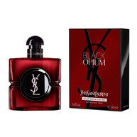 Il flacone Black Opium Eau de Parfum Over Red accanto alla sua scatola rossa coordinata con il logo YSL.