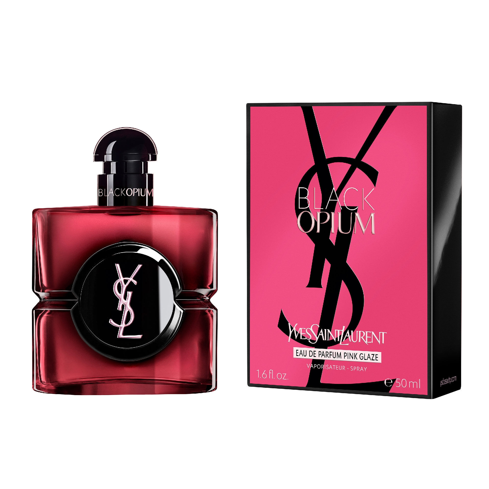 Flacone di Black Opium Eau de Parfum Pink Glaze accanto alla
                        sua confezione fucsia e nera con il Cassandre YSL.