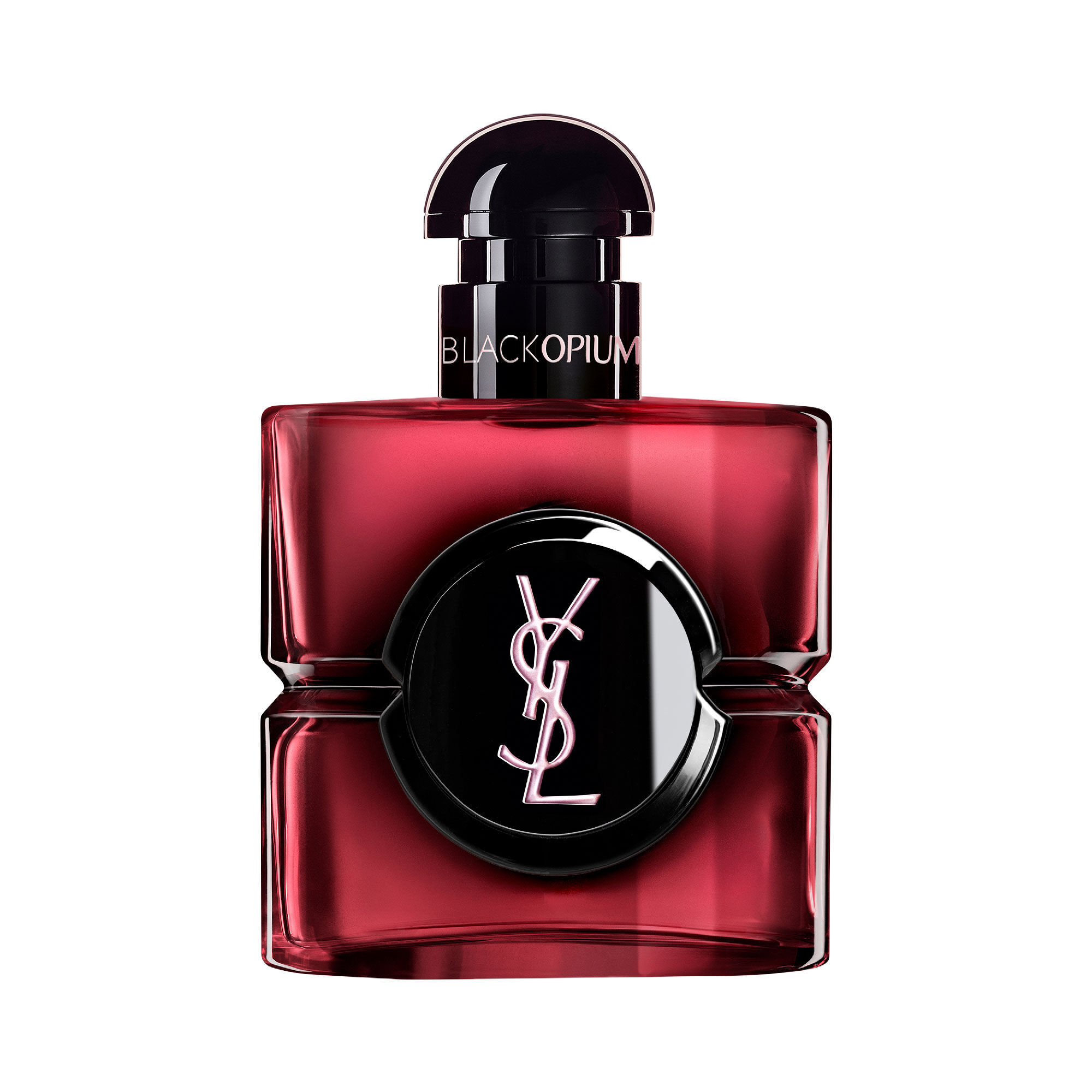 Flacone di Black Opium Eau de Parfum Pink Glaze in lacca rosa
                        scuro con centro nero e il logo Cassandre YSL argentato.