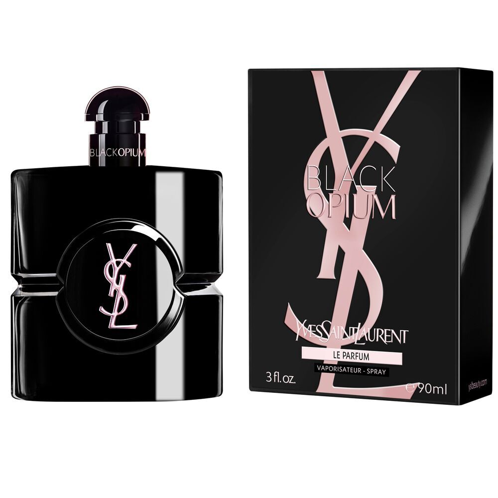 Flacone Black Opium Le Parfum accanto alla sua scatola nera, impreziosita dalla Cassandre YSL rosa.