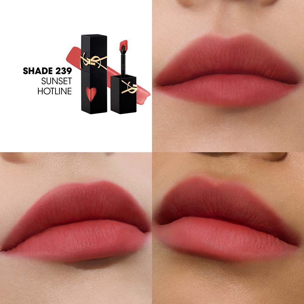 Collage che mette in scena il flacone dello smalto labbra YSL e un campione di texture (in alto a sinistra) accanto a tre primi piani di labbra con il prodotto su diverse tonalita di pelle, incluso uno mentre viene applicato con il pennello.