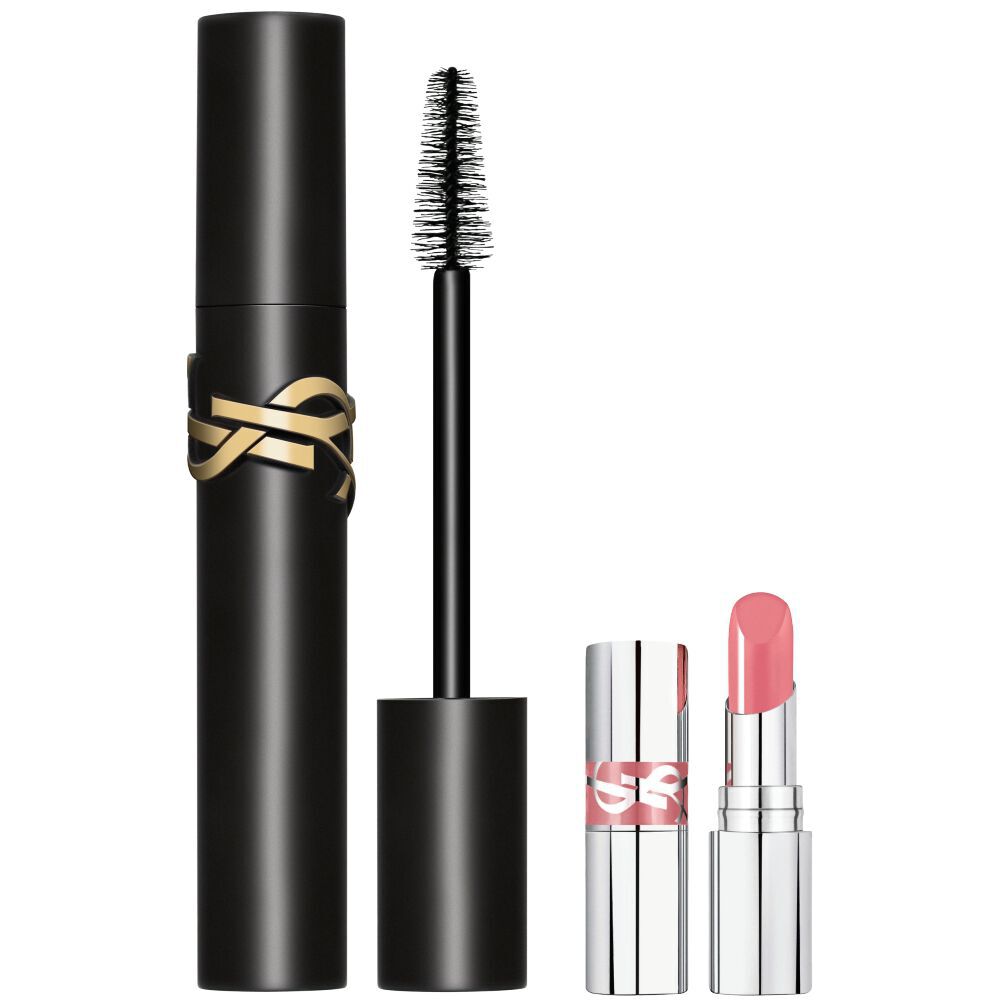 Primo piano di YSL Lash Clash mascara e mini lovehsine 44 su sfondo bianco.