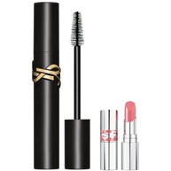 Primo piano di YSL Lash Clash mascara e mini lovehsine 44 su sfondo bianco.