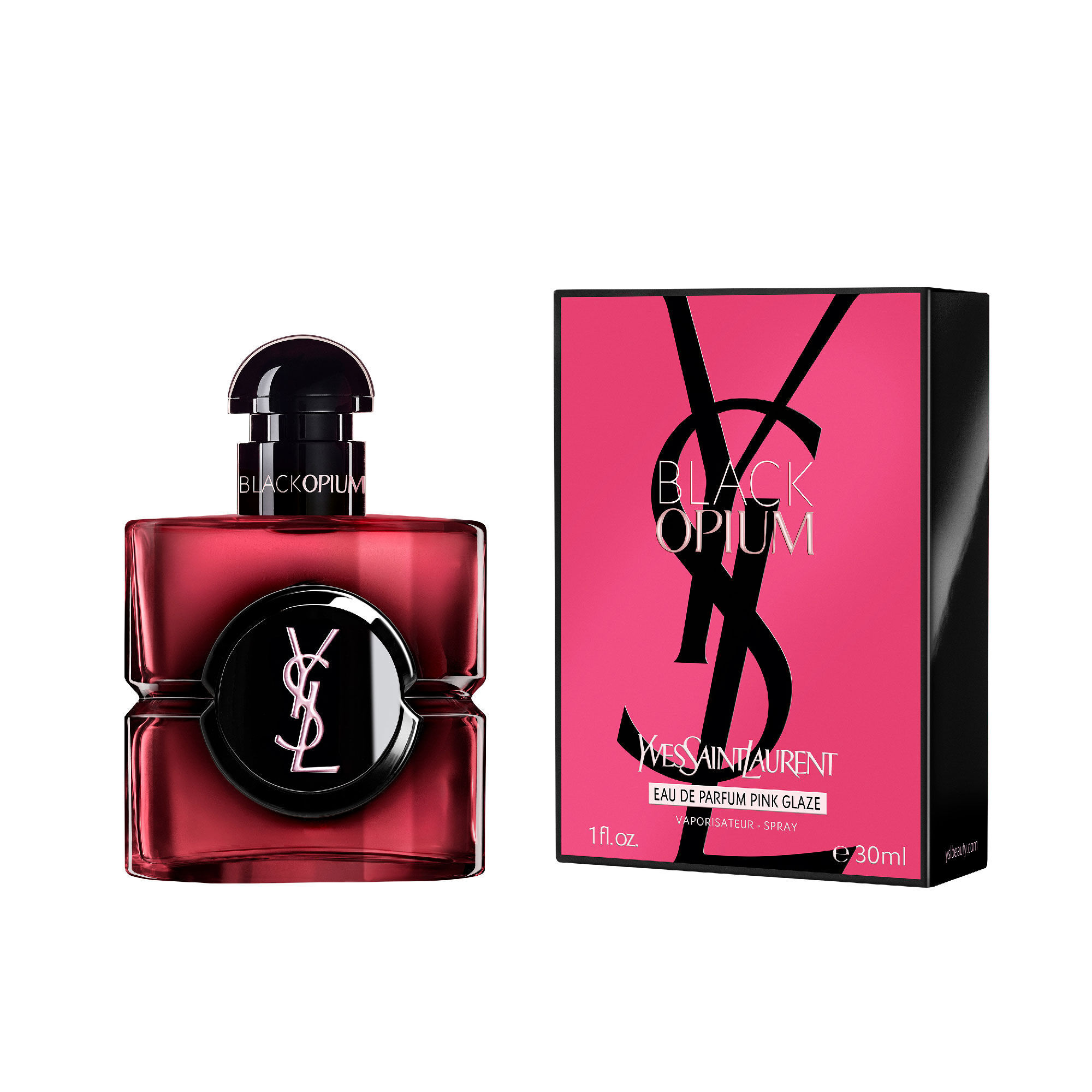 Flacone di Black Opium Eau de Parfum Pink Glaze accanto alla
                        sua confezione fucsia e nera con il Cassandre YSL.