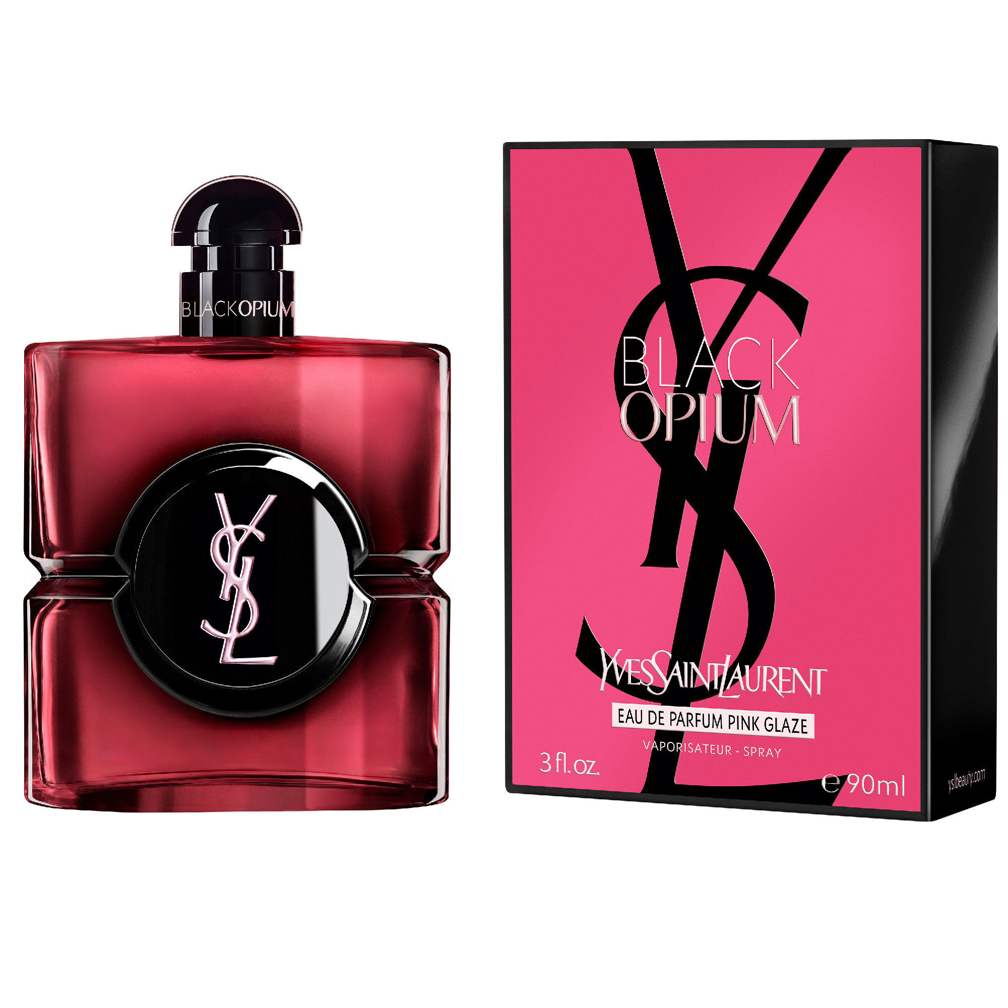 Flacone di Black Opium Eau de Parfum Pink Glaze accanto alla
                        sua confezione fucsia e nera con il Cassandre YSL.