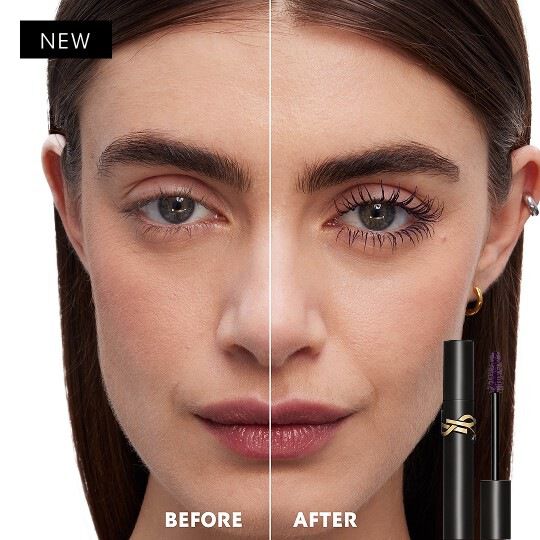 Confronto prima e dopo del Mascara Lash Clash in prugna. Il lato 'Dopo' mostra ciglia folte e volumizzate con una sfumatura viola profondo.
